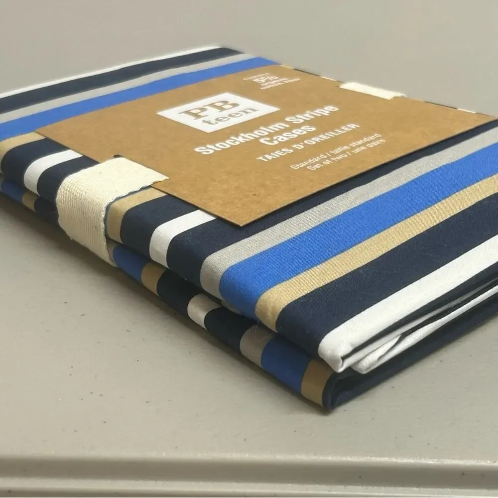Pottery Barn Stockholm Stripe Set of 2 Pillow Cases Blue Gray White Navy NWT NEW